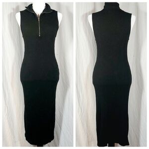 ZARA black rib-knit zipper mock-neck midi dress, L, EUC